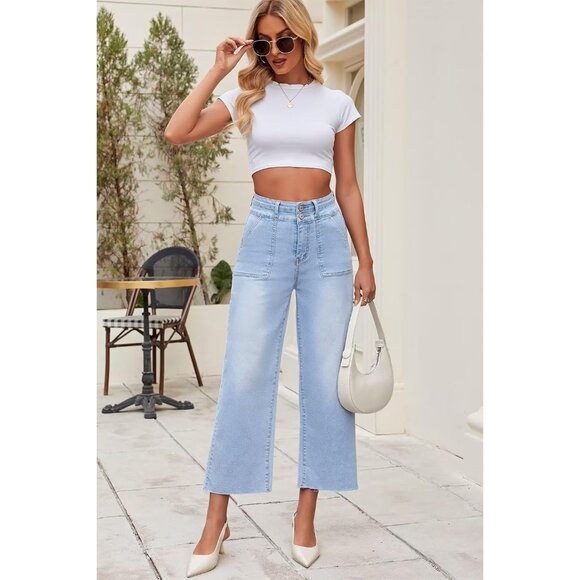 Women's High Rise Cropped Wide Leg Denim Pants Two Button Frayed Hem - Picture 4 of 7